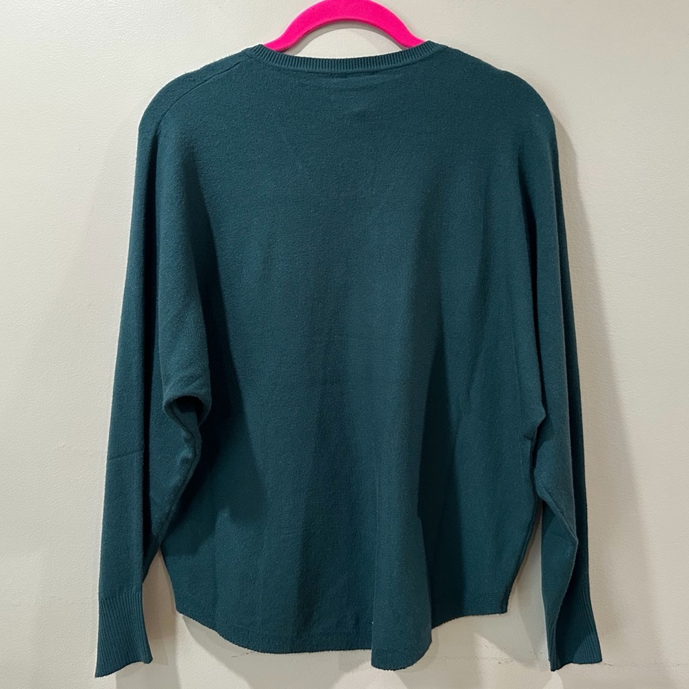 Aaeda Green V-Neck Sweater 3D Flower Appliqué Dolman Sleeve Knit Top Women M New - Picture 2 of 6